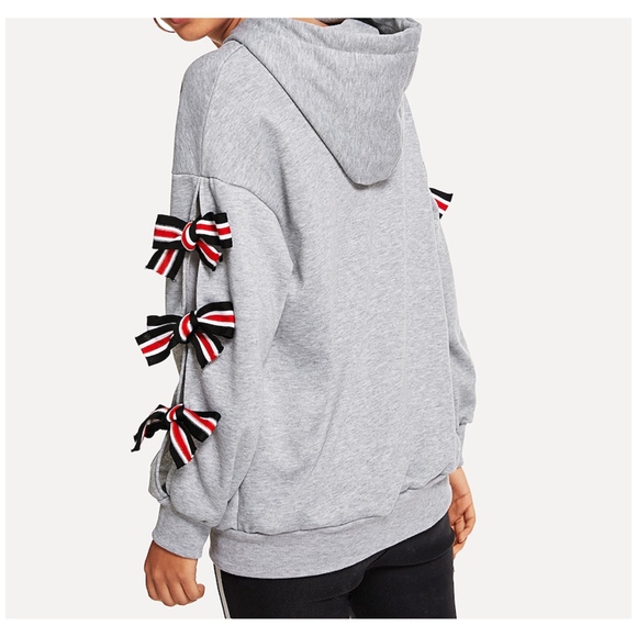 Grey Cut Out Bow Sleeve Hoodie Sweatshirt - Picture 4 of 5